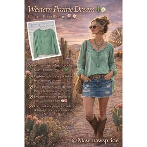 WESTERN PRAIRIE BOHO BLOUSE Universal Thread Mint Lace Trim Swiss Dot M